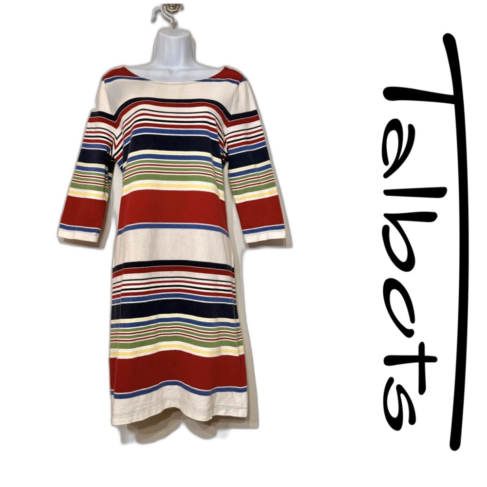 Talbots Nautical Stripe Boat Neck Dress Thick‎ Cotton 3/4 Sleeve Medium Petite